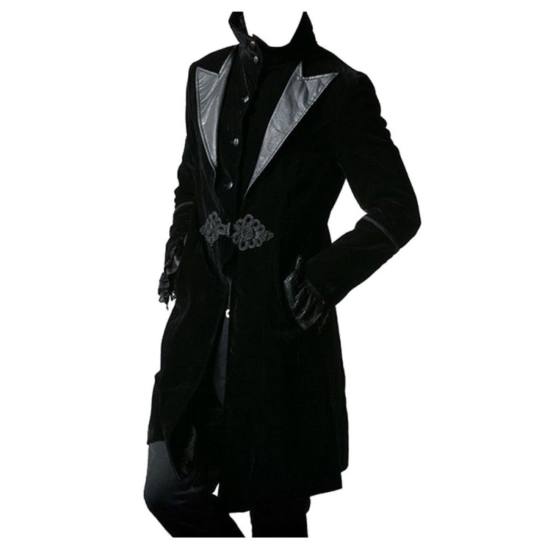 Velvet Coat Men Black Gothic Knot Overcoat Jacket 